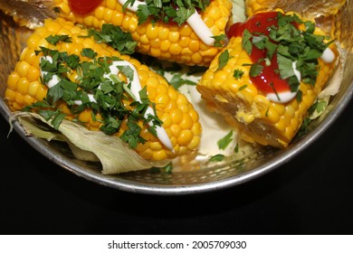 Delicious Boiled Corn Cobs In Copper Pan Top View