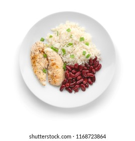 Delicious Boiled Rice With Meat And Beans On White Background