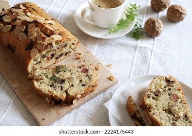 Delicious Bread Cake With Nuts, Dried Fruits Cut Into Pieces. Directly Above. Copy Space.