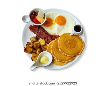 Delicious breakfast with crispy bacon, fluffy pancakes, golden fried potatoes, sunny-side-up eggs, and a side of fruit. Perfect for a morning meal - Powered by Shutterstock