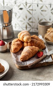 Delicious Breakfast With Croissants, Coffee, Honey Composition With Tile Background. Vertical Orientation