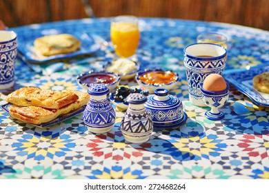 Delicious breakfast in Moroccan style served in riad (traditional Moroccan hotel)