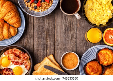 Delicious Breakfast On A Rustic Table. Top View, Copy Space.