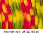 Delicious bright jelly candies worms. Background made of gummy worms for halloween holiday or food concept.