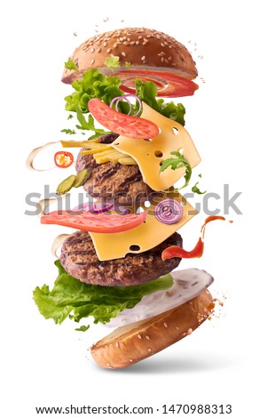 Delicious burger with flying ingredients isolated on white background. Food levitation concept. High resolution image