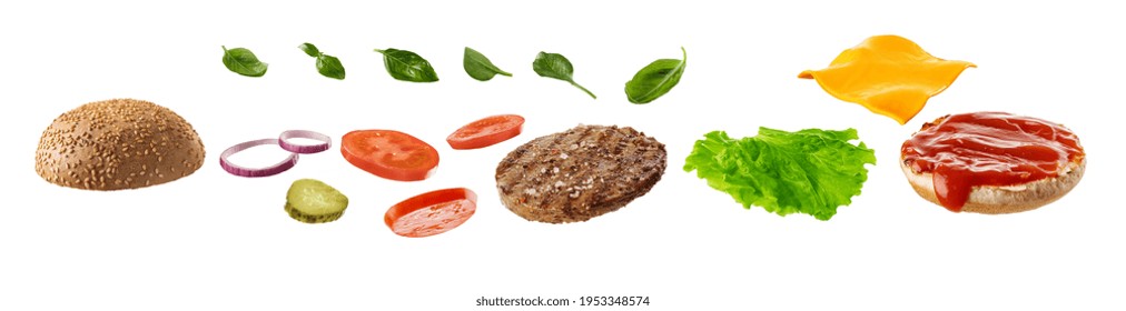 Delicious Burger Ingredients Isolated On White Background.