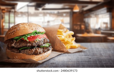 Delicious burger on the background of the interior of the burger shop. Fresh hamburger with salad, meat, cheese and sauce on the table. Fast food.