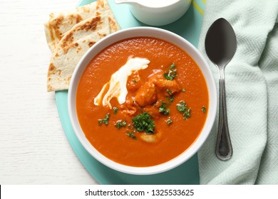 Delicious Butter Chicken Served On Table, Top View. Traditional Murgh Makhani Dish