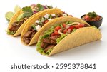 Delicious Cabeza Tacos isolated on white background. Traditional meat and vegetable tacos set. Freshly tortilla wrap, burrito wrap and tacos closeup, set and collection isolated on white background.
