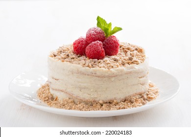 delicious cake with custard and raspberry, close-up, horizontal
