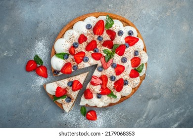 Delicious cake pie tart with fresh strawberries, raspberries, blueberry on gray background. banner, menu, recipe place for text, top view. - Powered by Shutterstock