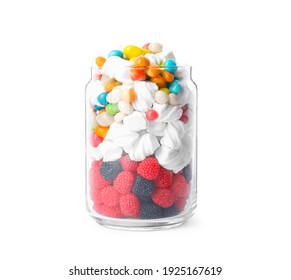 Delicious candies in glass jar isolated on white