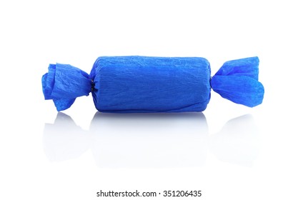 Delicious Candy In Blue Paper Wrapper. Isolated On White Background.