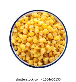 Delicious Canned Corn In Bowl Isolated On White, Top View