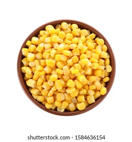 Delicious Canned Corn In Bowl Isolated On White, Top View