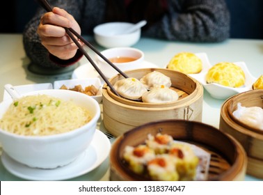 Delicious Cantonese Dim Sum On The Table, Tasty Chinese Food, Hong Kong Afternoon Tea, Canton Guangzhou Shenzhen, Dumpling, Har Gow, BBQ Pork Bun Char Siu, Rice Noodle Rolls