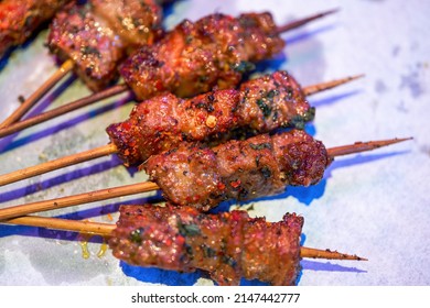 A Delicious Charred Chinese BBQ, Grilled Fatty Beef Skewers