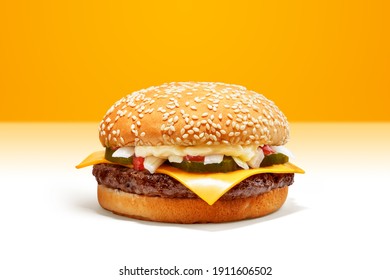 
Delicious Cheese Beef Burger consists of Bun Bread, Patty, Pickle, Onion, Mayonaisse, Ketchup and Cheddar Cheese in a yellow background, with interactive 3D text for Modern Fast Food Restaurant menu. - Powered by Shutterstock