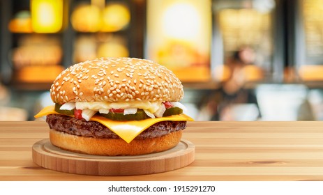 Delicious Cheese Beef Burger consists of Bun Bread, Patty, Pickle, Onion, Mayonaisse, Ketchup and Cheddar Cheese in a yellow background, with interactive 3D text for Modern Fast Food Restaurant