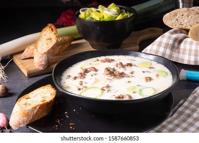 Delicious Cheese And Leek Soup With Minced Meat