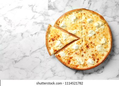 Delicious Cheese Pizza On Marble Background, Top View