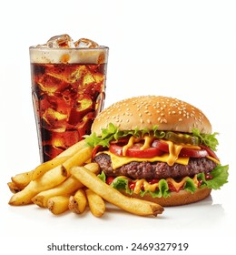 Delicious cheeseburger with cola and potato fries on the white background. Fast food concept.
 - Powered by Shutterstock