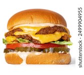 Delicious cheeseburger, mouthwatering double cheeseburger, fast food menu, double burger with cheese and sauce side view isoleted on white background 