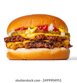 Delicious cheeseburger, mouthwatering double cheeseburger, fast food menu, double burger with cheese and sauce side view isoleted on white background  - Powered by Shutterstock