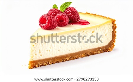 Delicious cheesecake slice topped with raspberry garnish, rich creamy filling and crisp crust isolated on white.
