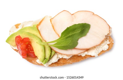 Delicious Chicken Bruschetta On White Background, Top View