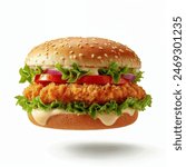 Delicious chicken burger, double burger with crispy chicken meat, salad and sauce isolated on white background
