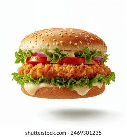 Delicious chicken burger, double burger with crispy chicken meat, salad and sauce isolated on white background
