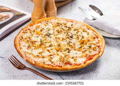  Delicious Chicken Shawarma Pizza On The Concert Background, Fork On The Table. Close-up View, 