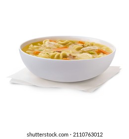 Delicious Chicken Soup In A Bowl, Light Diet Soup Side View Isolated On White Background