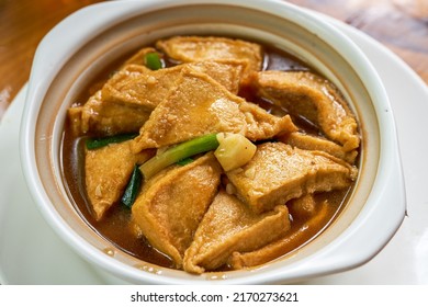 A Delicious Chinese Dish, Braised Tofu And Stuffed Meat In Claypot