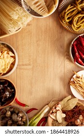 Delicious Chinese Food, Ingredients For Making Snail Rice Noodles. On Wood Table