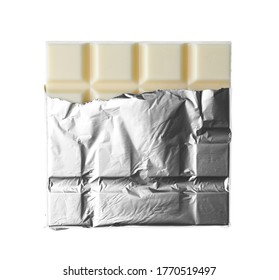 Delicious Chocolate Bar Wrapped In Foil Isolated On White