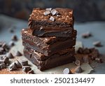 Delicious chocolate brownie on a polished wooden surface, showcasing a rich texture and topped with a dusting of powdered sugar, artistic food photography composition.