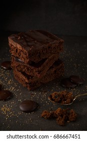 Delicious Chocolate Brownies with Dark Background. Chocolate Cakes with dark background. Low light photography.