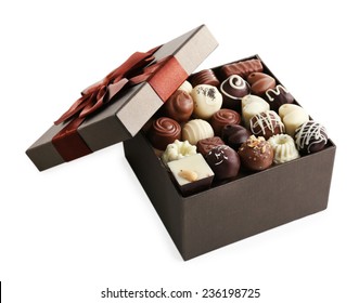 Delicious Chocolate Candies In Gift Box Isolated On White