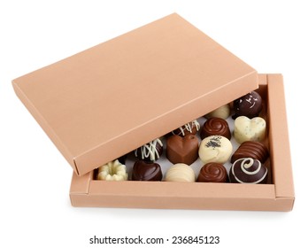 Delicious Chocolate Candies In Gift Box Isolated On White