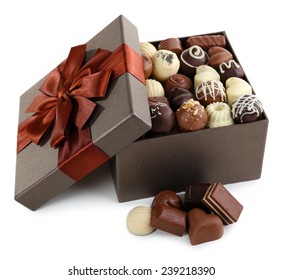 Delicious Chocolate Candies In Gift Box Isolated On White