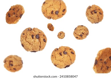 Delicious chocolate chip cookies falling on transparent background png