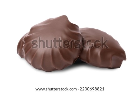 Delicious chocolate covered marshmallows isolated on white
