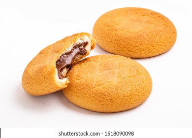 Delicious chocolate cream filled cookies. isolated white background.