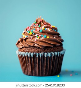 Delicious chocolate cupcake topped with creamy chocolate frosting and colorful sprinkles. Perfectly captured with vibrant detail and a clean blue background that makes it stand out. (Angle: Close-up)
 - Powered by Shutterstock