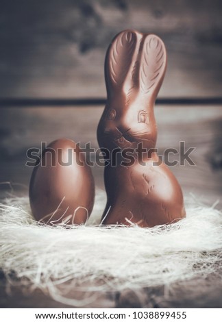 Delicious chocolate Easter bunny and egg on wooden background