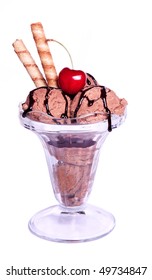 Delicious Chocolate Ice Cream Sundae With One Red Cherry