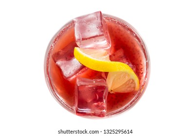 Delicious Cocktail Using Hydrated Chia Seeds And Tart Cherry Juice With Fresh Lemon Served On The Rocks Over A White Background