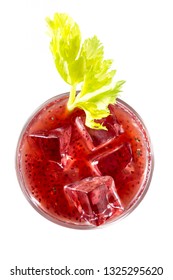 Delicious Cocktail Using Hydrated Chia Seeds And Tart Cherry Juice With Fresh Celery Served On The Rocks Over A White Background